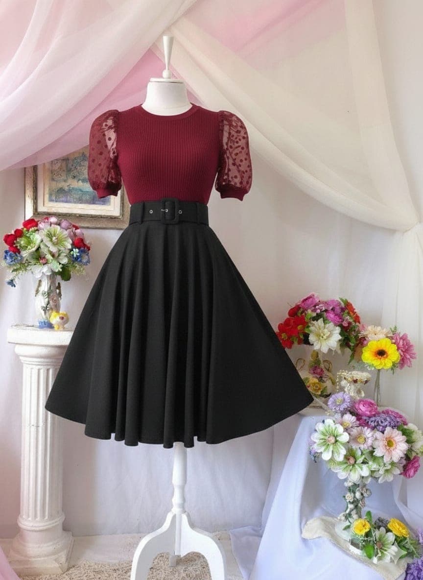 Vestido Vintage Burdeos Mangas Plumeti + Falda Midi Negra