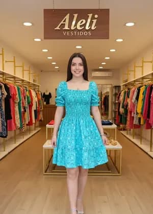 Vestido Crep Sedinha Turquesa con Flores - Image 1