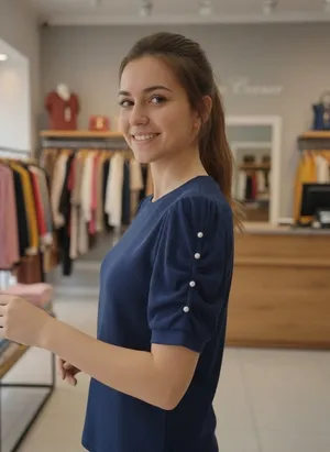 Blusa Azul Marino Ribbed con Perlas en Mangas Cortas - Image 4