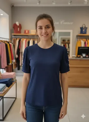 Blusa Azul Marino Ribbed con Perlas en Mangas Cortas - Image 3