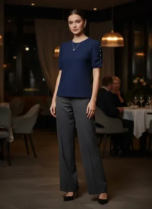 Blusa Azul Marino Ribbed con Perlas en Mangas Cortas - Image 2