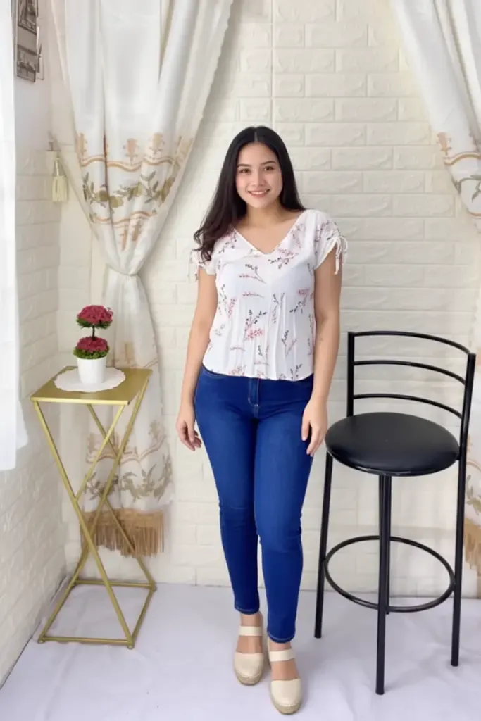 Blusa Ligera Blanca Floral V-Neck con Lazos Verano