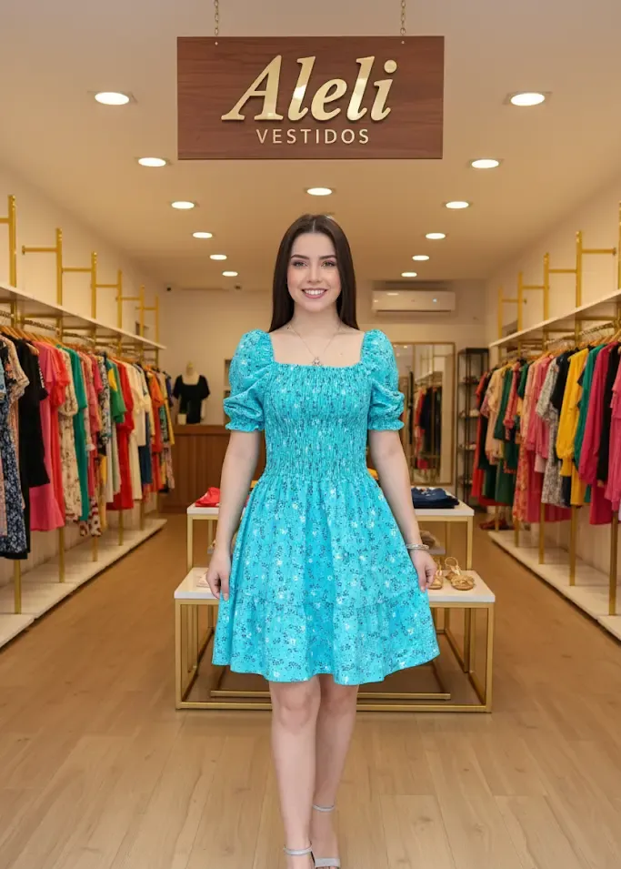 Vestido Crep Sedinha Turquesa con Flores