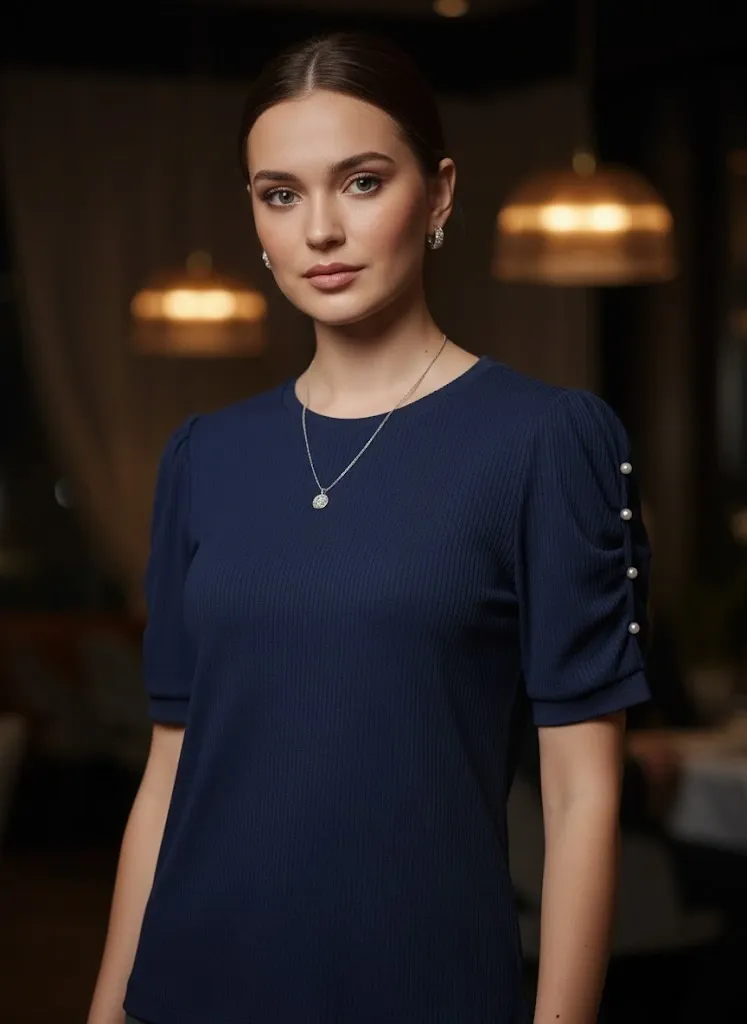 Blusa Azul Marino Ribbed con Perlas en Mangas Cortas