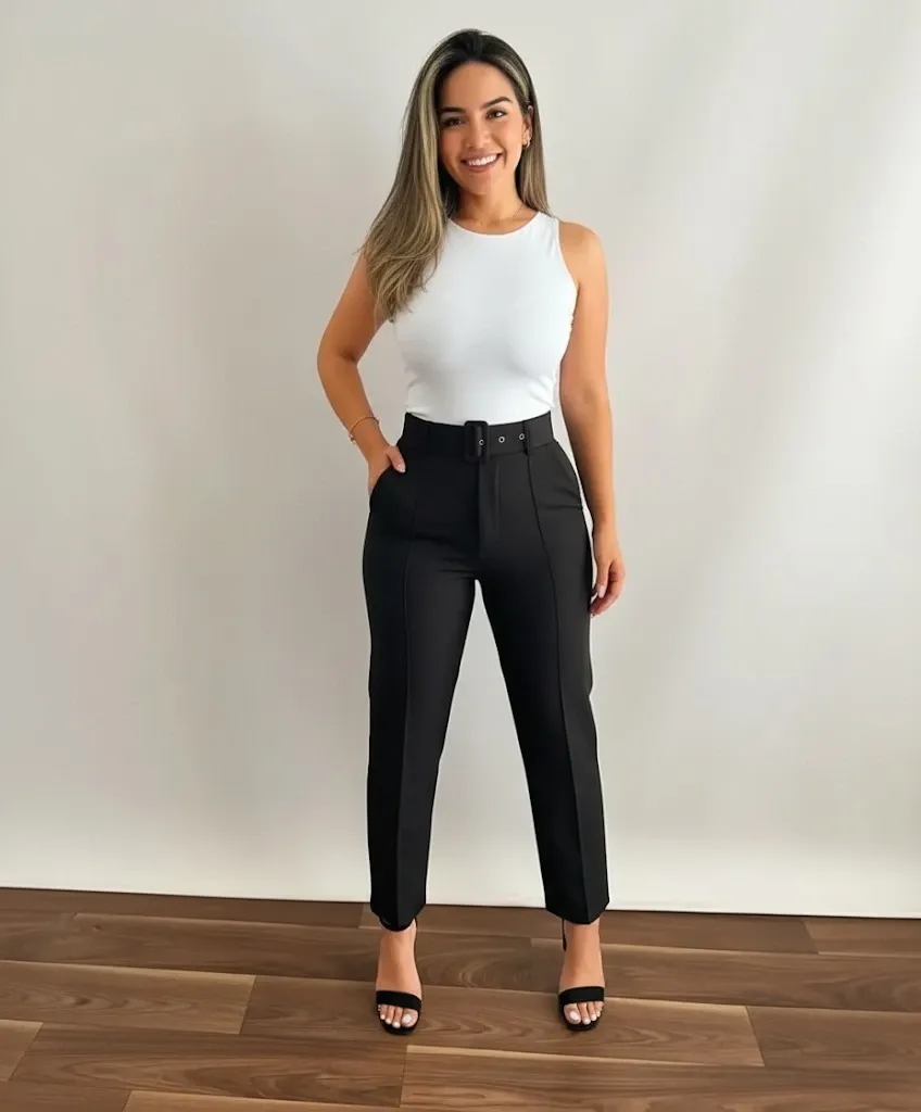 Pantalón Sastrero Negro Talle Alto con Hebilla Elegante